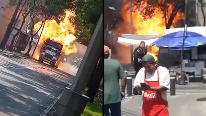 Videos en redes sociales muestran incendio de vehículo con tanques de gas en Tlalpan, Ciudad de México, el 5 de octubre de 2023.