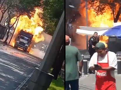 Videos en redes sociales muestran incendio de vehículo con tanques de gas en Tlalpan, Ciudad de México, el 5 de octubre de 2023.