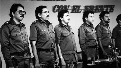 Los líderes del FSLN (Frente Sandinista de Liberación Nacional), Daniel Ortega, Humberto Ortega, Bayardo Arce Castaño y Jaime Wheelock, en 1984, Nicaragua.
