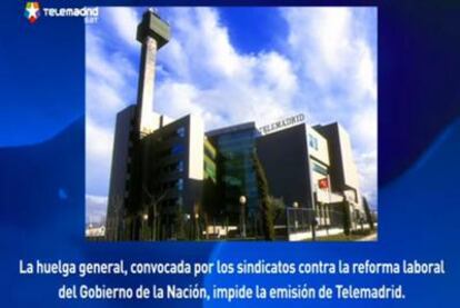 Pantalla de Telemadrid avisando del corte de la emisión por la huelga.