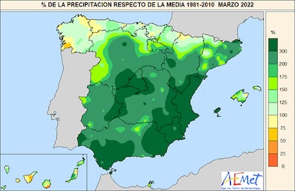 Porcentaje de la precipitación acumulada en marzo de 2022 respecto de la media 1981-2021.