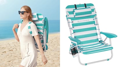 silla de playa plegable con bolsillos laterales incluidos.