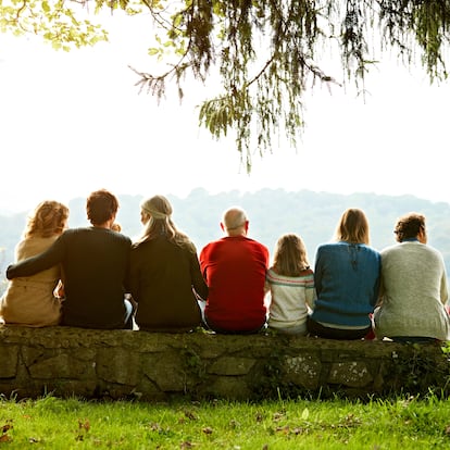 Rear view of multi-generation family relaxing in row on retaining wall against clear sky