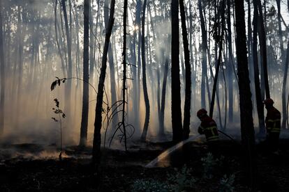 Bomberos enfrían el suelo en Cruzinha, Alvaiazere, durante las labores de extinción, el 10 de julio de 2022.  