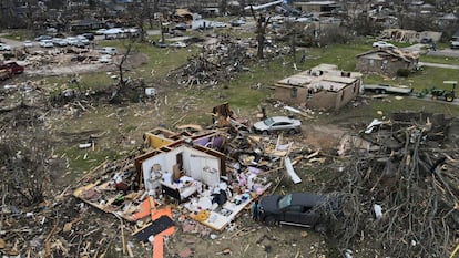 Debris scattered over homes damaged by tornados in Mississippi, March 2023.