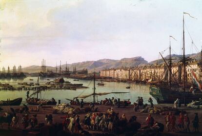 Pintura de C. J. Vernet que recrea el comercio de mercancías en el puerto francés de Toulon a mediados del siglo XVIII.