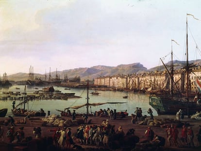 Pintura de C. J. Vernet que recrea el comercio de mercancías en el puerto francés de Toulon a mediados del siglo XVIII.