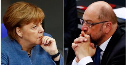 Angela Merkel y Martin Schulz, ayer en un debate en la c&aacute;mara baja del Bundestag, en Berl&iacute;n.