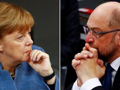 Angela Merkel y Martin Schulz, ayer en un debate en la c&aacute;mara baja del Bundestag, en Berl&iacute;n.