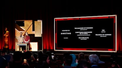 Los actores Riz Ahmed y Allison Williams durante la ceremonia de nominación de los Premios Oscar, el 24 de enero.