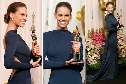 Hilary Swank con el modelo de Hervé L. Leroux, en su estapa de director creativo de Guy Laroche, que lució al recoger su Oscar en 2005.