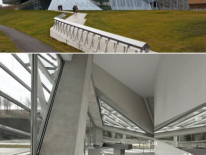 Arriba, fachada del edificio E8, en Vitoria, obra de Juan Coll-Barreu y Daniel Gutiérrez Zarza. A la izquierda, interior del inmueble.