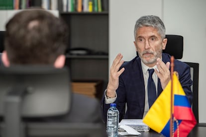 Fernando Grande-Marlaska, en su reunión el pasado viernes con el ministro Defensa de Colombia, Diego Molano, en Bogotá, en una imagen cedida por el departamento de este último.