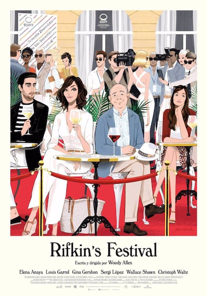 La última película de Woody Allen, 'Rifkin's Festival', se desarrolla en el festival de cine de San Sebastián, donde de hecho se presentará el próximo 18 de septiembre. En la ilustración de Jordi Labanda, los personajes disfrutan del ambiente del lujoso Hotel María Cristina en la capital guipuzcoana.
