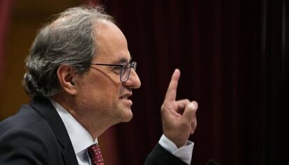 El presidente de la Generalitat, Quim Torra, durante su intervención en el debate de política general del Parlament