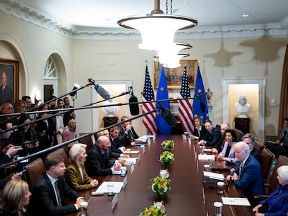 Reunión del presidente de EE UU, Joe Biden, con distintos representantes de la Unión Europea en la Casa Blanca este viernes.