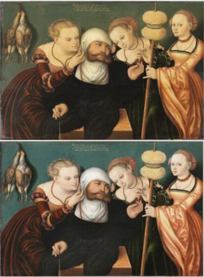 El antes y el después de 'Hércules y la corte de Onfalia', de Hans Cranach.