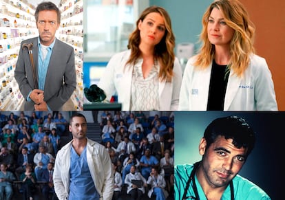 Arriba, los actores Hugh Laurie en la serie House, y Ellen Pompeo y Camilla Luddington en Anatomía de Grey. Abajo, Ryan Eggold en New Amsterdam y George Clooney en su papel de médico en Urgencias.