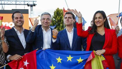 Desde la izquierda, Ignacio Aguado, Luis Garicano, Albert Rivera y Begoña Villacís, el 24 de mayo en el cierre de campaña de Ciudadanos.