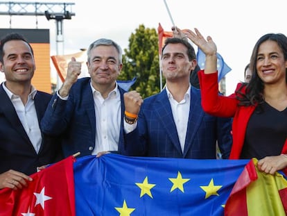 Desde la izquierda, Ignacio Aguado, Luis Garicano, Albert Rivera y Begoña Villacís, el 24 de mayo en el cierre de campaña de Ciudadanos.