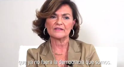 La vicepresidenta del Gobierno, Carmen Calvo, en una imagen del vídeo difundido este lunes.