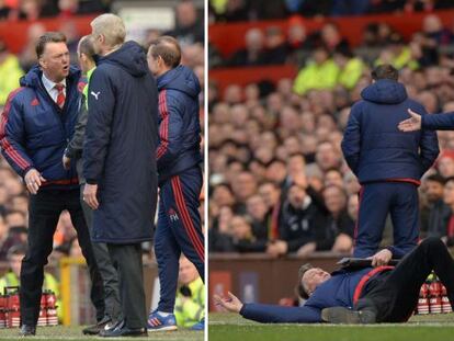 Secuencia en la que Van Gaal se lanza al suelo para emular un penalti durante el United-Arsenal jugado en Old Trafford.