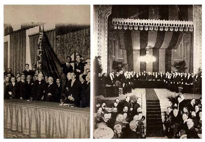 Àngel Guimerà durant el seu discurs a l’Ateneu Barcelonès del 1895. A la dreta, Primer Congrés de la Llengua Catalana, el 1906.