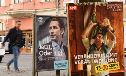 Carteles electorales en Viena del candidato conservador, Sebastian Kurz (izquierda) y del socialdem&oacute;crata, Christian Kern. 