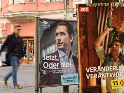 Carteles electorales en Viena del candidato conservador, Sebastian Kurz (izquierda) y del socialdem&oacute;crata, Christian Kern. 