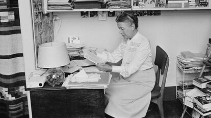 French author Simon de Beauvoir, 68, in her Parisian apartment. Simone de Beauvoir is renowned for her book "The Second Sex." (Photo by Jacques Pavlovsky/Sygma via Getty Images)