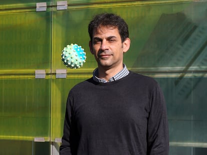 El virólogo Marcos de la Peña, con una pelota con aspecto de virus, en el Instituto de Biología Molecular y Celular de Plantas, en Valencia.