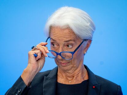 La presidenta del BCE, Christine Lagarde, en una rueda de prensa en Fráncfort, este jueves.