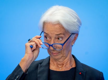 La presidenta del BCE, Christine Lagarde, en una rueda de prensa en Fráncfort, este jueves.