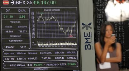 Panel de la cotizaci&oacute;n del Ibex 35 en la Bolsa de Madrid.