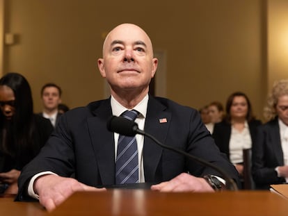 US Homeland Security Secretary Alejandro Mayorkas appears before the US House Homeland Security Committee on 'Review of the FY2025 Budget Request for the Department of Homeland Security', in Washington, DC, April 16, 2024.