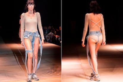 La marca japonesa Thibaut rescata el vaquero tanga de Rihanna y lo versiona en este modelo que ha presentado en la Amazon Fashion Week de Tokio.