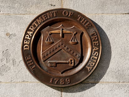 A bronze seal for the Department of the Treasury is shown at the U.S. Treasury building in Washington, January 20, 2023.