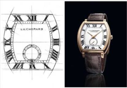 Boceto e imagen del Chopard L.U.C Tonneau Heritage, uno de los clásicos de la casa.