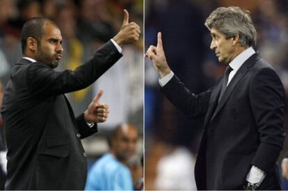 Guardiola, a la izquierda, durante un partido del Barça. A la derecha, Pellegrini en el banquillo del Madrid.