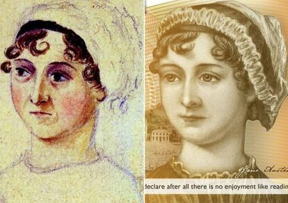 A la izquierda, Jane Austen dibujada por su hermana Cassandra. A la derecha, en el billete de 10 libras.