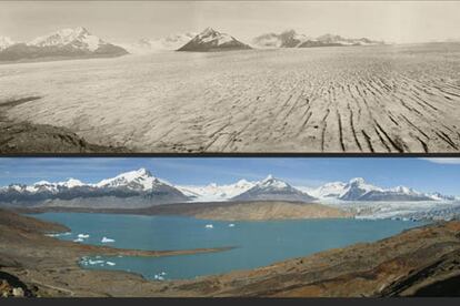 El glaciar Upsala, en la Patagonia argentina, en 1928 y 2004.