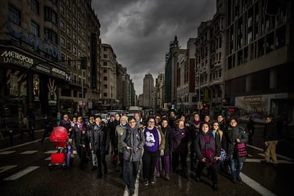 Mujeres integrantes de la Comisión 8M que convocó la huelga feministas, el pasado miércoles en la Gran Vía de Madrid.