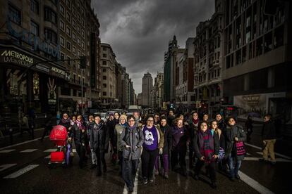 Mujeres integrantes de la Comisión 8M que convocó la huelga feministas, el pasado miércoles en la Gran Vía de Madrid.