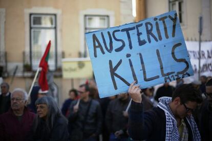 A protest outside the parliament building in Lisbon last year. 