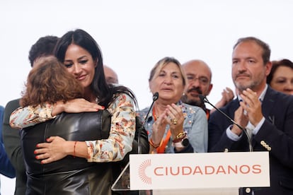 La candidata de Ciudadanos a la Alcaldía de Madrid, Begoña Villacís, en la sede del partido en Madrid tras conocerse los resultados de las elecciones del 28M.