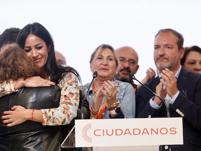 La candidata de Ciudadanos a la Alcaldía de Madrid, Begoña Villacís, en la sede del partido en Madrid tras conocerse los resultados de las elecciones del 28M.