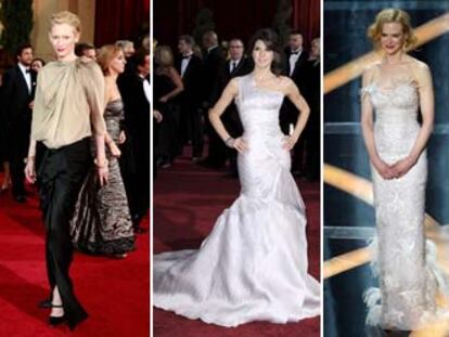 De izquierda a derecha, Anne Hathaway (Armani Privé), Tilda Swinton (Lanvin), Marisa Tomei (Versace Atelier), Nicole Kidman (L'Wren Scott) y Sarah Jessica Parker (Dior).