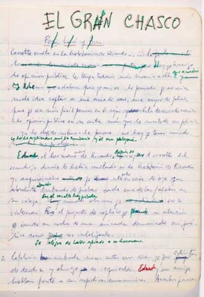 Página manuscrita del guión  de <i>El gran chasco</i> que terminó por llamarse <i>Pepi, Luci, Bom Y otras chicas del montón.</i>