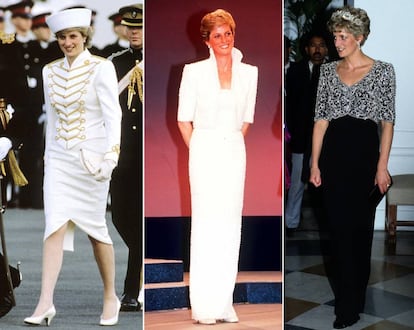 Diana de Gales, con tres vestidos diseñados por Catherine Walker. De izquierda a derecha, en eventos en 1987, 1989 y 1992.