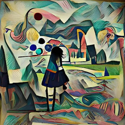 Una imagen creada por la Inteligencia Artificial de Geniverse, a partir del texto: ««Una chica que mira un paisaje. La chica tiene el pelo azul. Es una obra abstracta de Kandinsky. Colores brillantes».